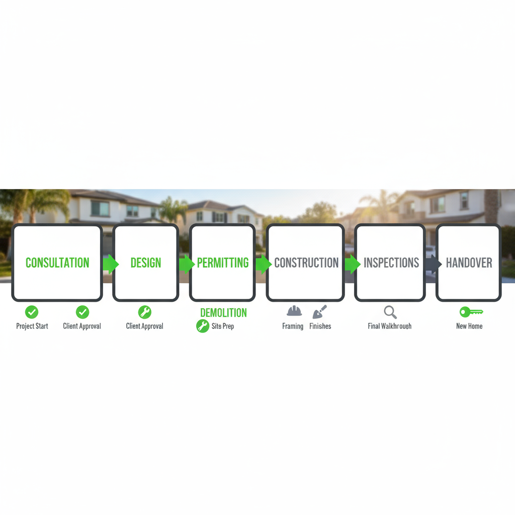 Conquest GBC remodeling project timeline illustrating phases from consultation to handover in Calabasas.