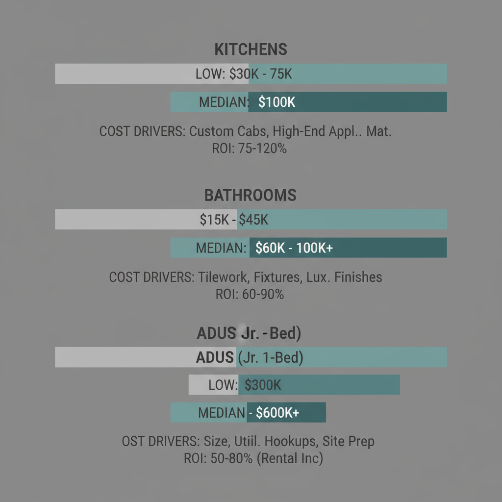 Data visualization showing realistic cost ranges for kitchen, bathroom, and ADU remodels in Calabasas, with median, low, and high bars.