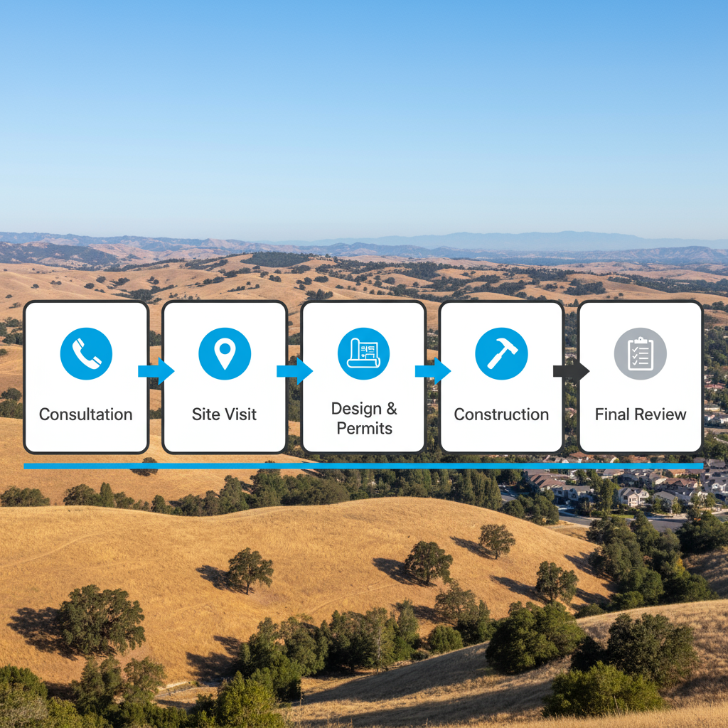 A horizontal process flow showing 5 key stages of starting a home remodeling project with Conquest GBC, from consultation to final walkthrough.