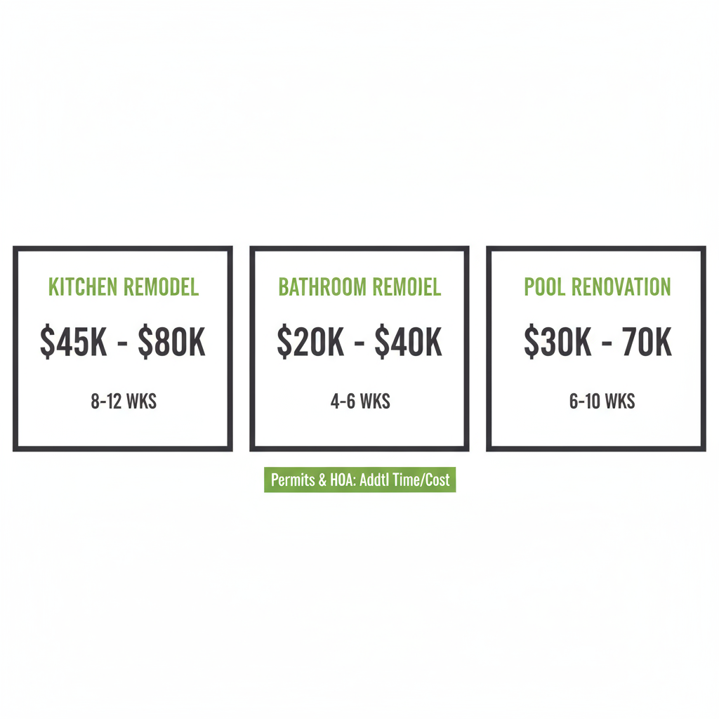 Infographic showing average costs and timelines for kitchen, bathroom, and pool remodeling projects in Simi Valley, with a note on permits.