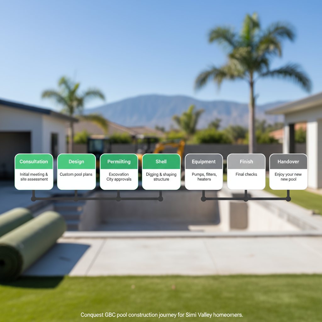 A step-by-step horizontal process flow illustrating the Conquest GBC pool construction timeline from initial consultation to final handover.