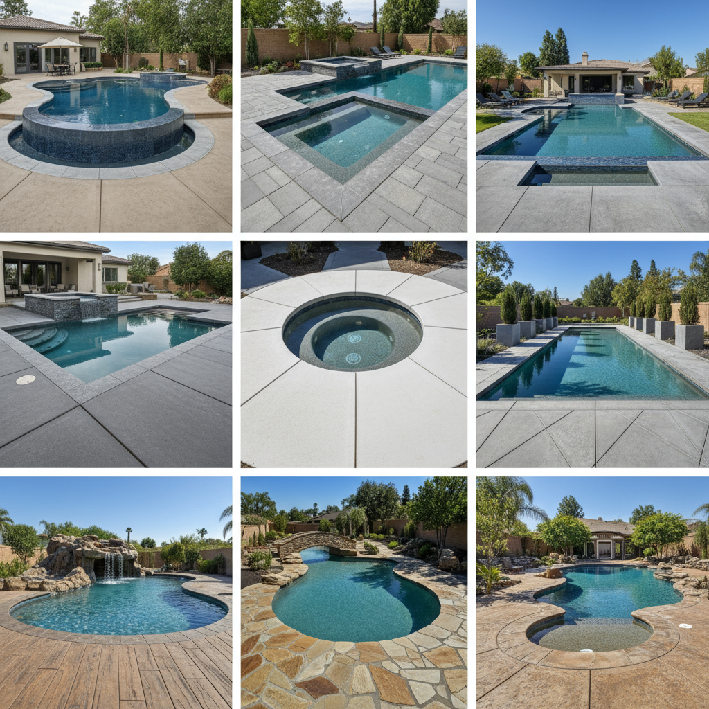 Mosaic arrangement of multiple photorealistic images showcasing diverse custom pool, spa, and concrete deck projects in Simi Valley by Conquest GBC.