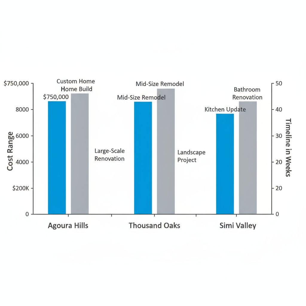 Bar chart comparing home remodeling cost ranges and timelines across Agoura Hills, Thousand Oaks, and Simi Valley.