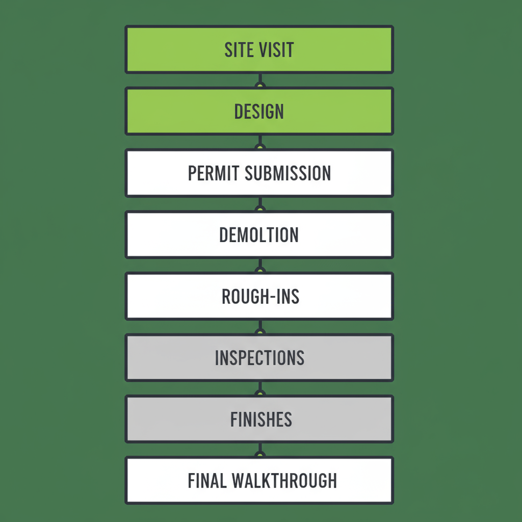 Vertical process flow illustrating the 8 stages of a bathroom remodel project, from site visit to final walkthrough, for homeowners in Simi Valley, detailing steps like design, permits, and inspections.