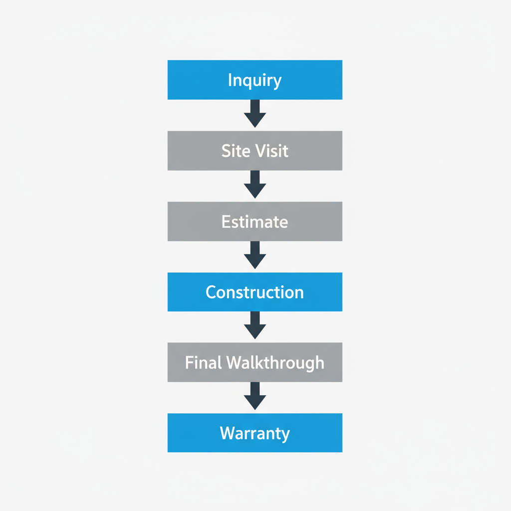 Process flow showing the steps from initial client inquiry to project completion and warranty for Conquest GBC's remodeling services in Calabasas.