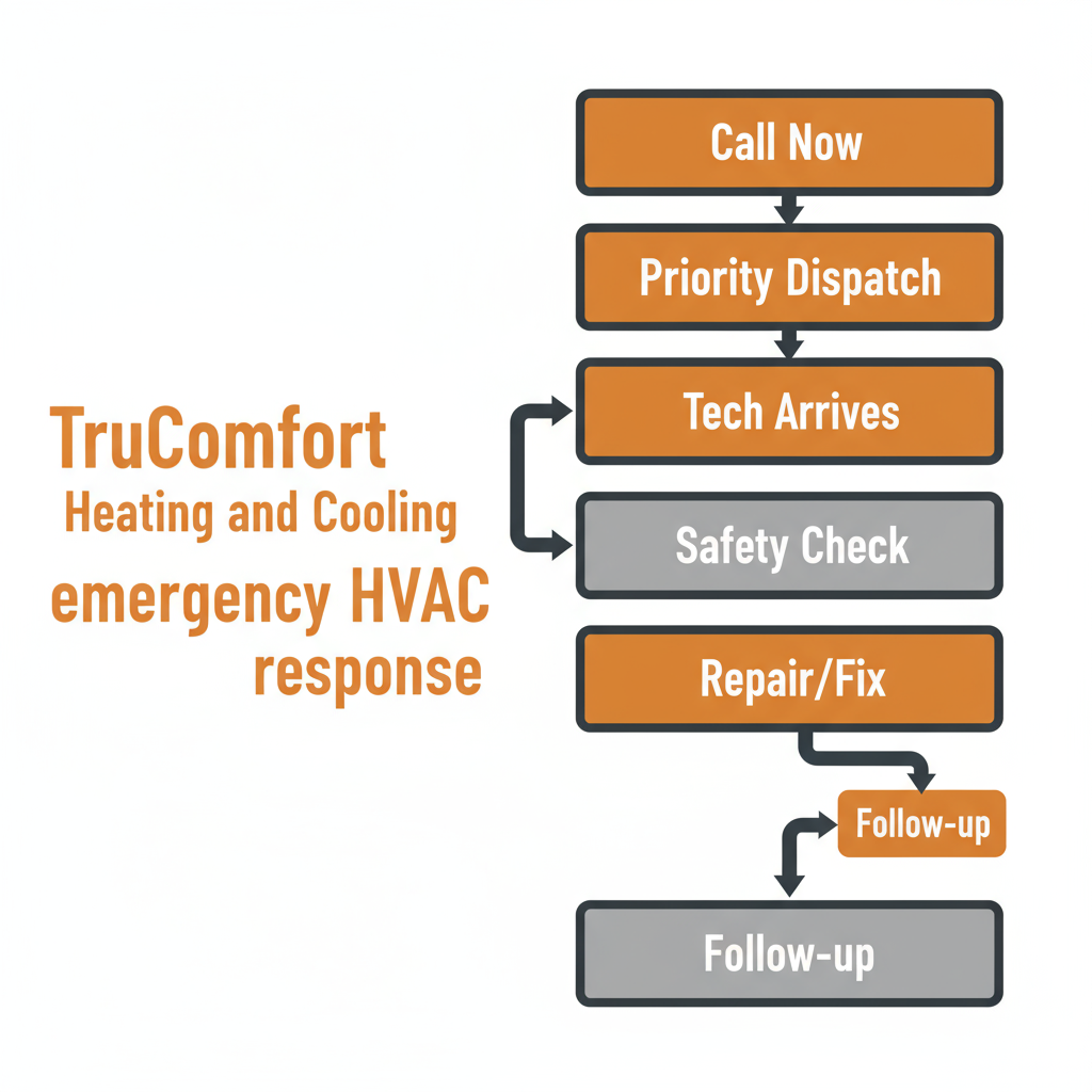 Vertical process flow illustrating TruComfort Heating and Cooling's emergency HVAC service steps from initial call to follow-up.