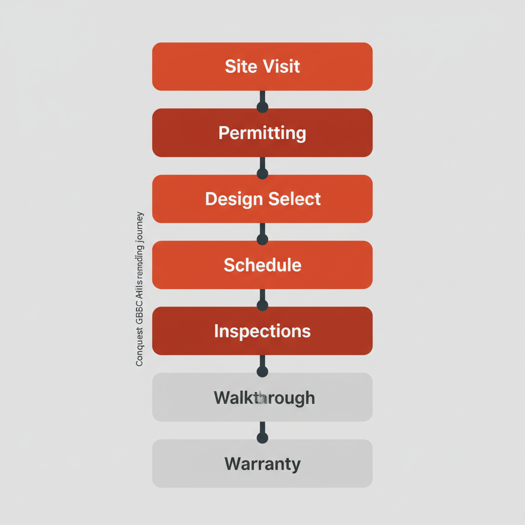 A vertical process-flow illustration showing the seven steps of a home remodel project in Agoura Hills, from initial site visit to final warranty handover.