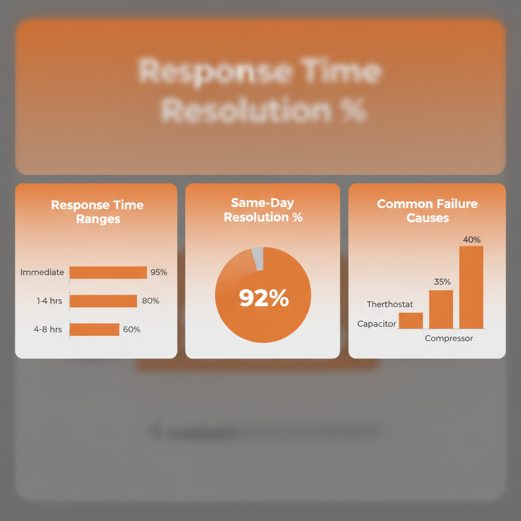 Data visualization showing emergency HVAC response times, same-day resolution percentage, and common furnace failure causes for TruComfort Heating and Cooling.