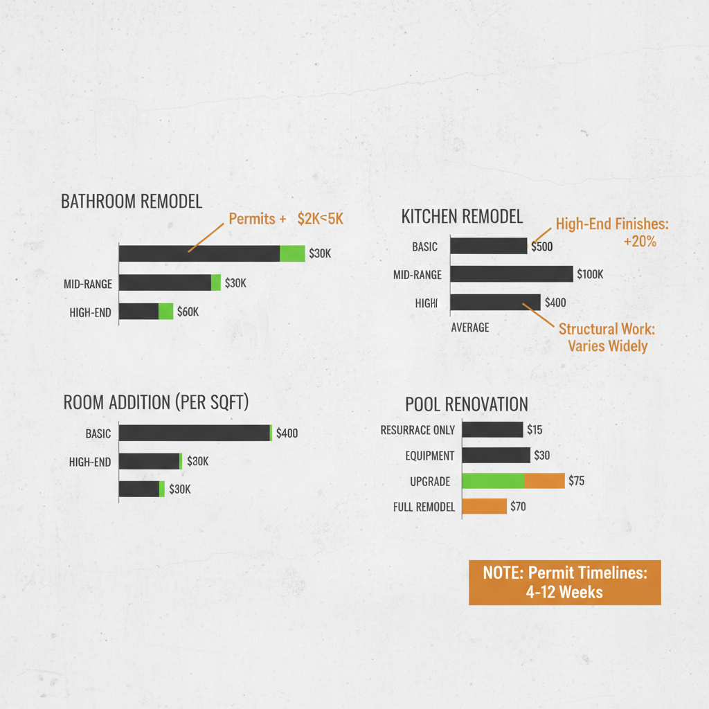 Landscape bar chart comparing typical cost ranges for home renovation projects in Agoura Hills, including bathroom remodels, kitchen remodels, room additions, and pool renovations, with callouts for major cost drivers.