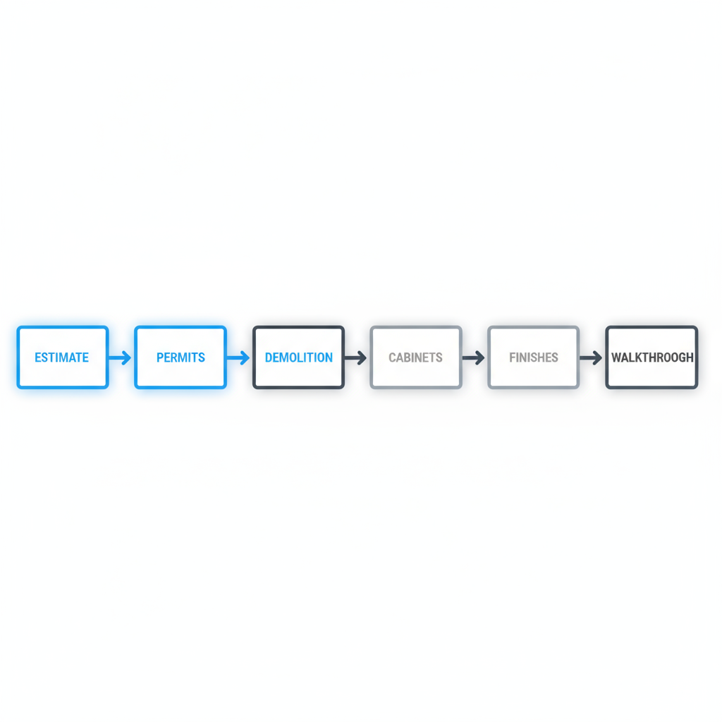 Detailed horizontal process flow depicting Conquest GBC's kitchen remodel journey from initial estimate to final walkthrough, highlighting key stages and inspections.