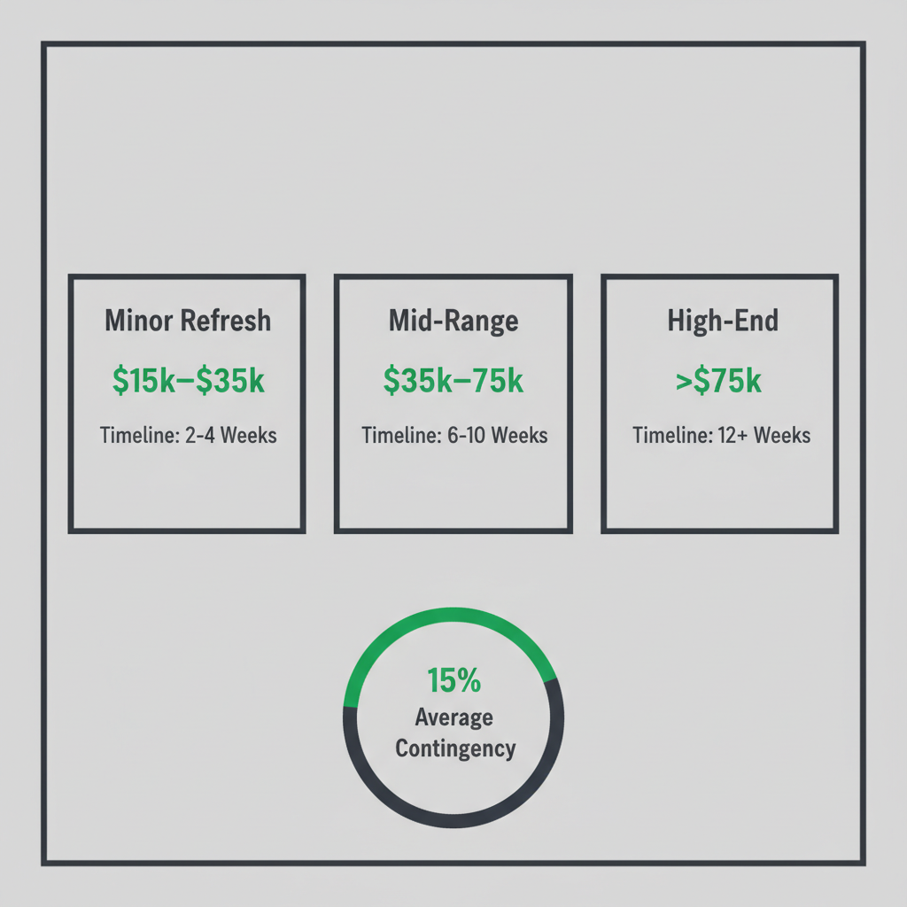 Infographic showing typical cost ranges and timelines for kitchen remodels in Simi Valley, including a 15% contingency.