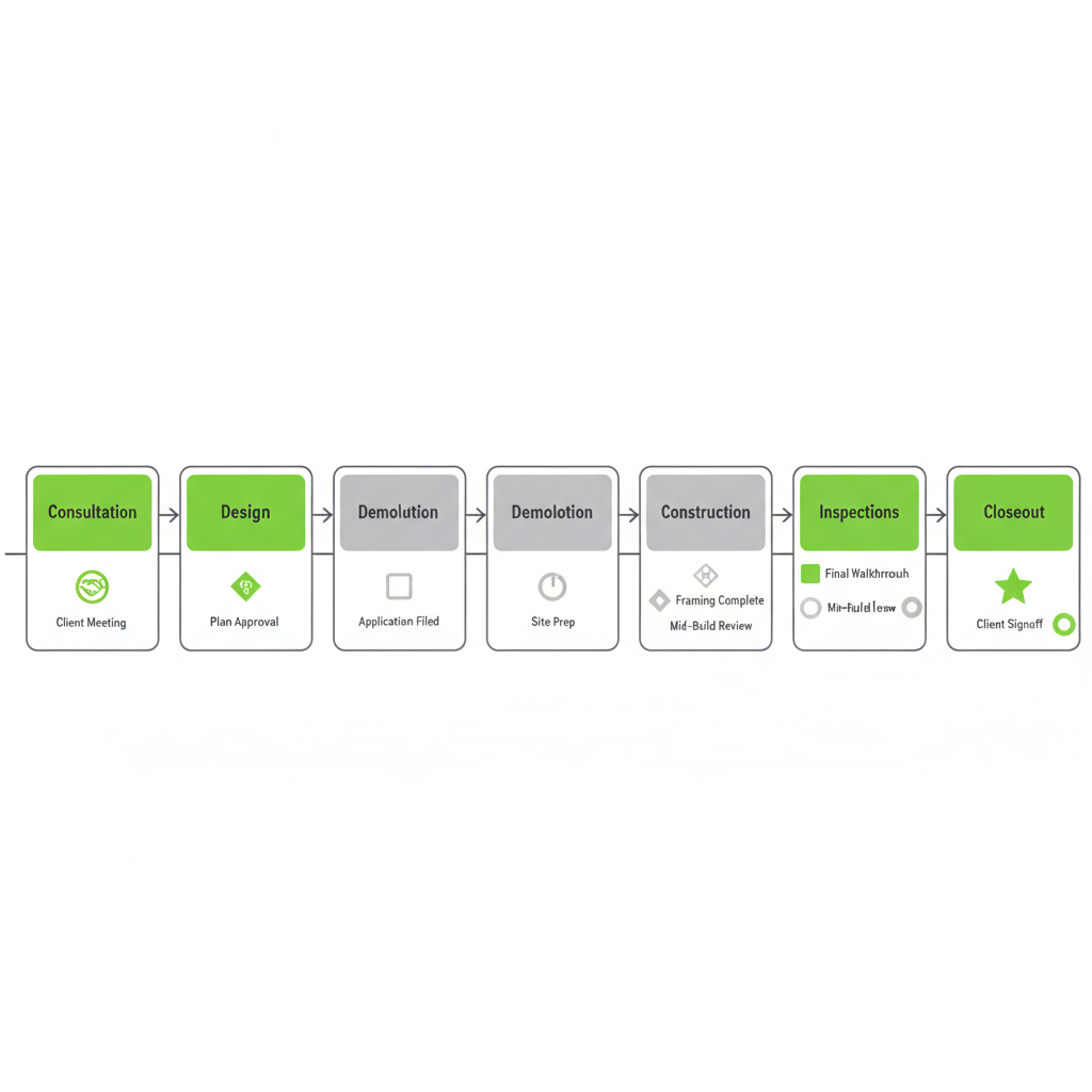 Horizontal process flow depicting Conquest GBC's 7-stage project management process from consultation to closeout, highlighting milestones.