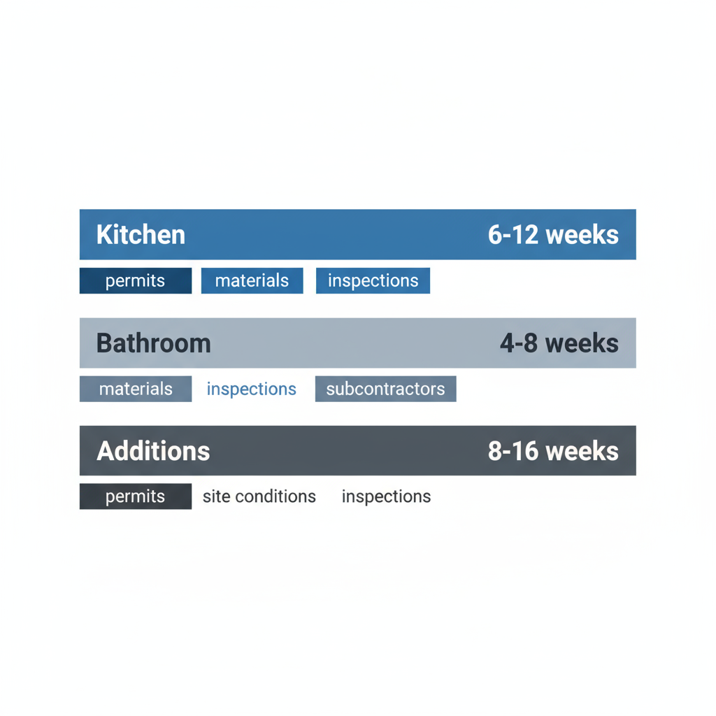Infographic showing typical project timelines for kitchen, bathroom, and home additions, highlighting potential delay factors.