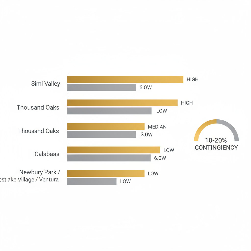 Infographic showing cost ranges for kitchen remodel, bathroom remodel, multi-room remodel, and whole-home renovation in Simi Valley, with a recommended contingency.