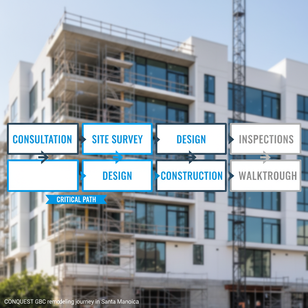 A horizontal process flow showing Conquest GBC's remodeling journey from initial consultation to final walkthrough in Santa Monica.