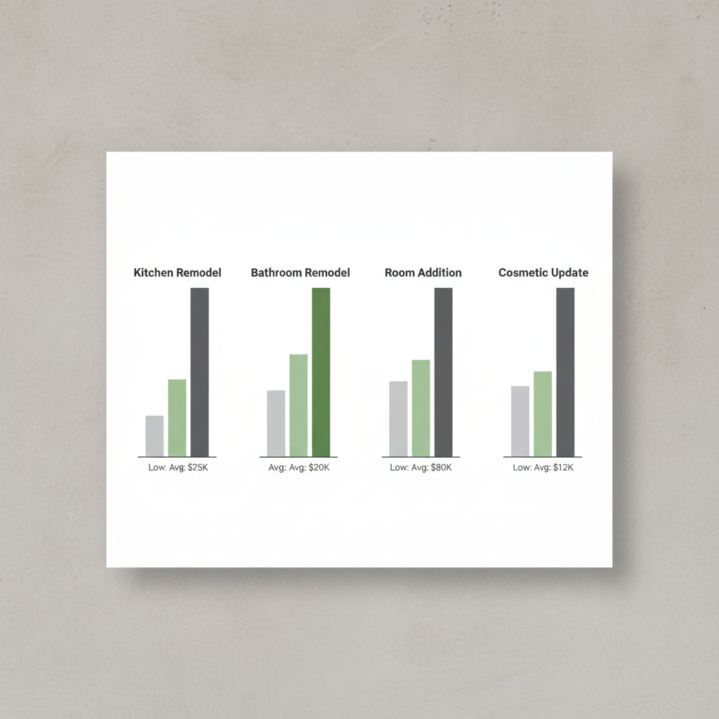 Data visualization depicting typical home remodeling cost ranges in Simi Valley for kitchen, bathroom, additions, and cosmetic updates, with low, average, and high budget estimates.