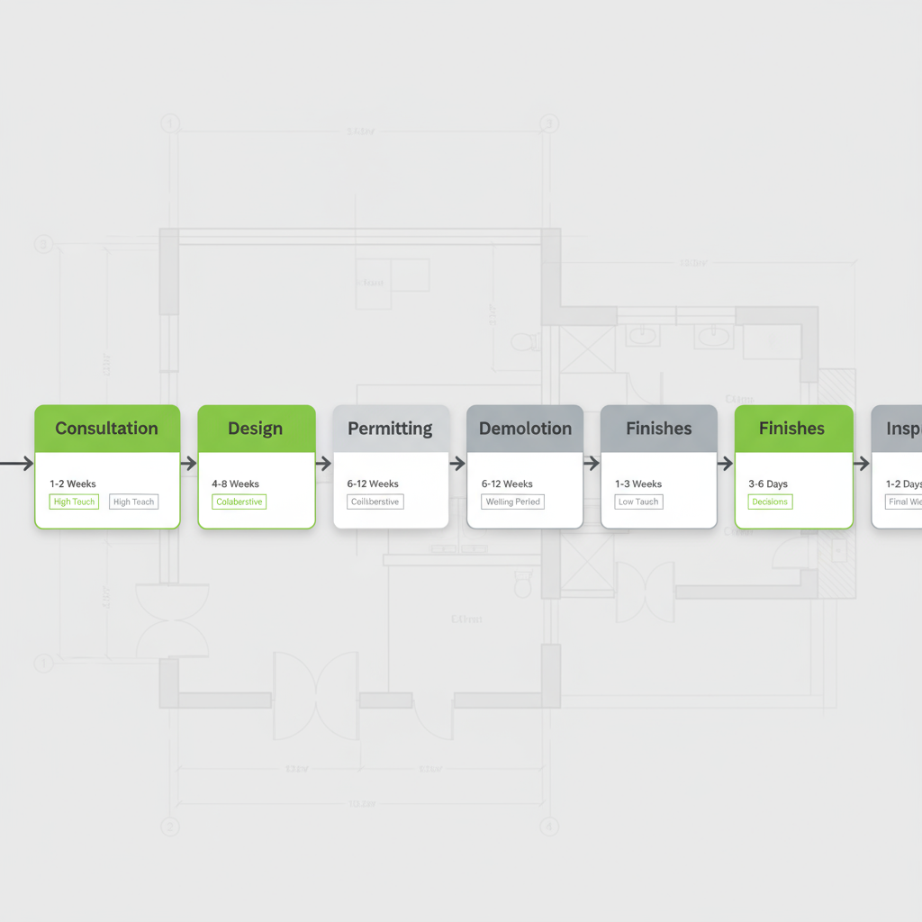 A horizontal process flow showing Conquest GBC's six-step construction project timeline: initial consultation, design and estimate, permitting, demolition and rough-in, finishes, and final inspection, with typical timelines and homeowner touchpoints.