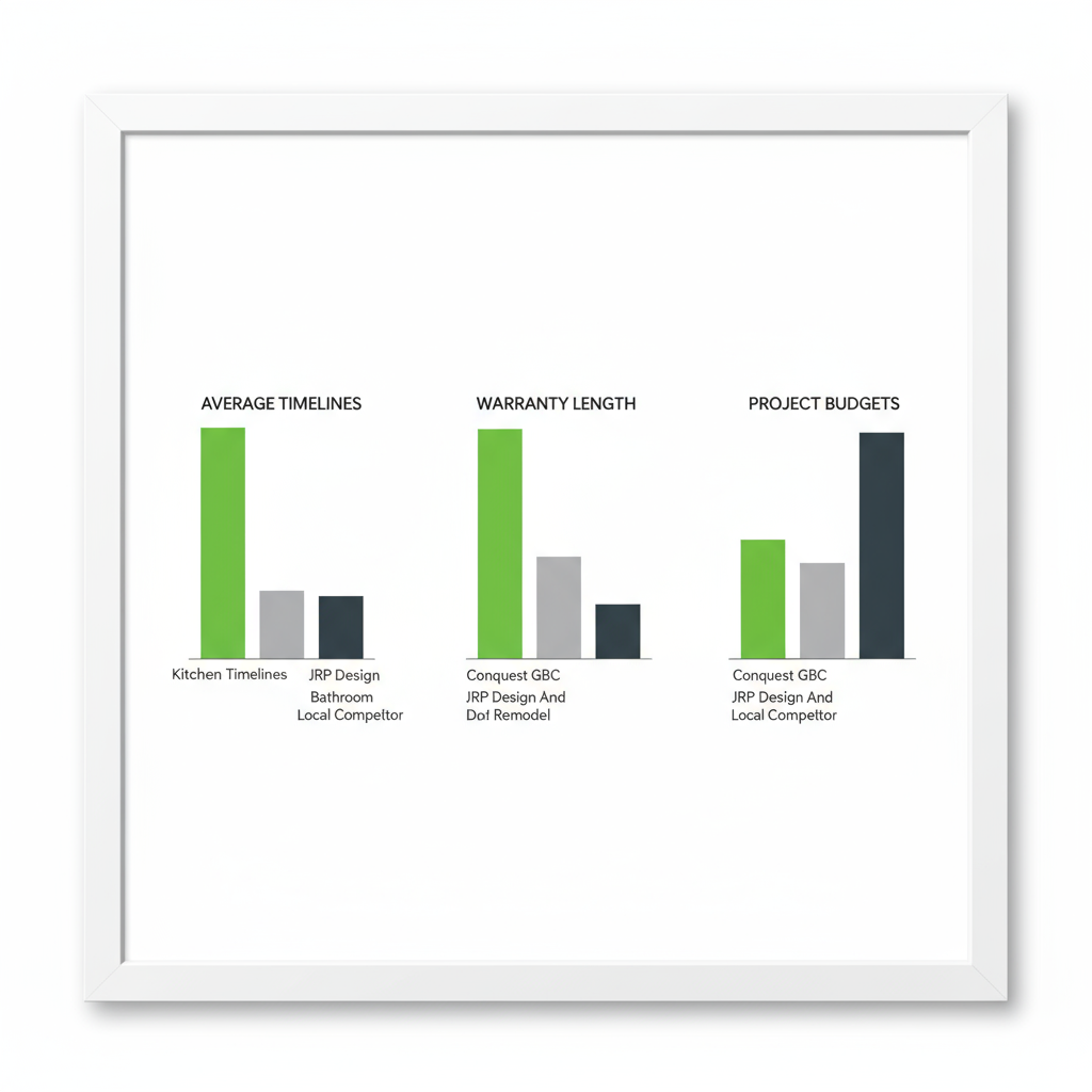 Bar chart comparing Conquest GBC's project timelines, warranty, and budget ranges against JRP Design and Remodel and a typical local competitor.