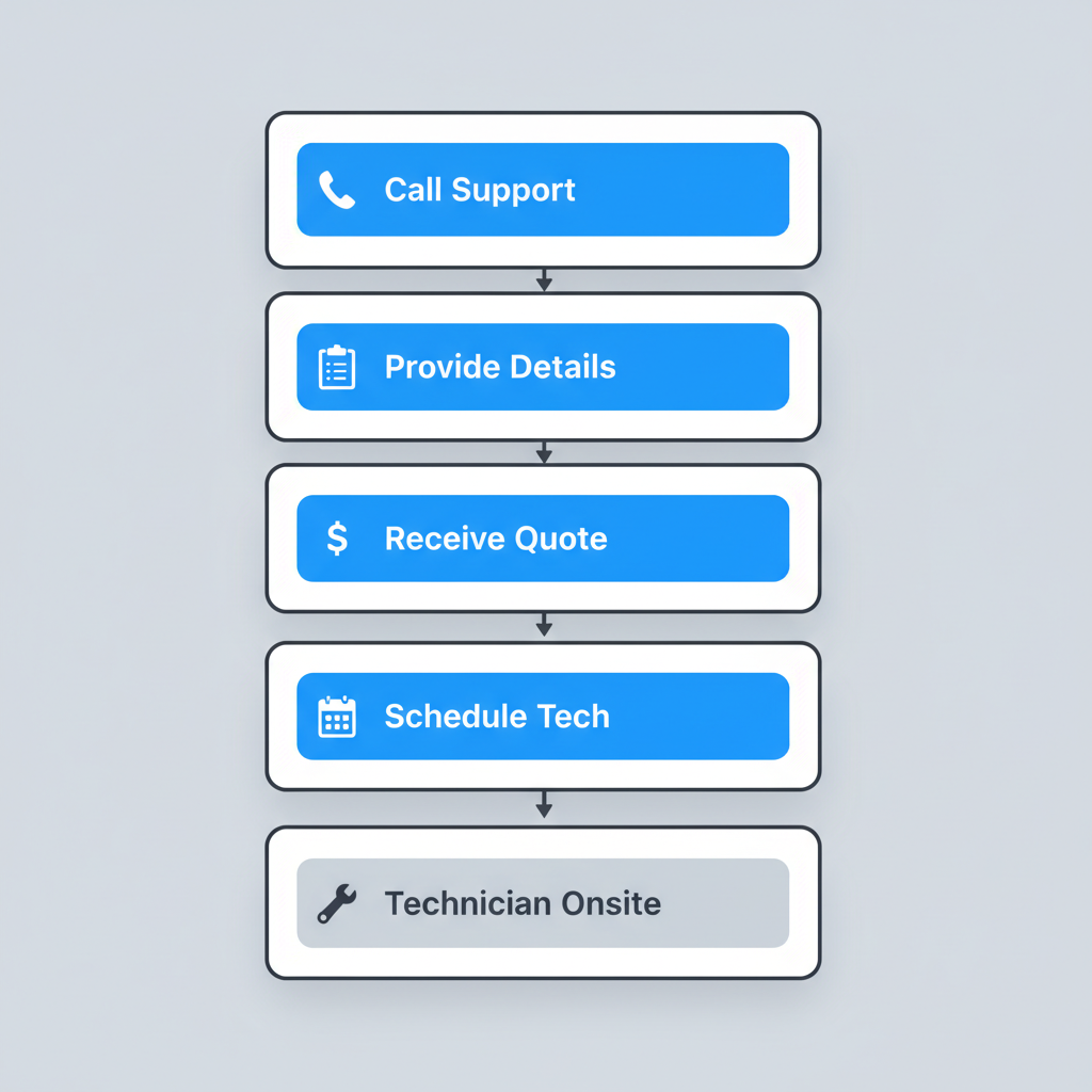 Vertical process flow illustrating the five steps to book a Sub Zero appliance repair service.