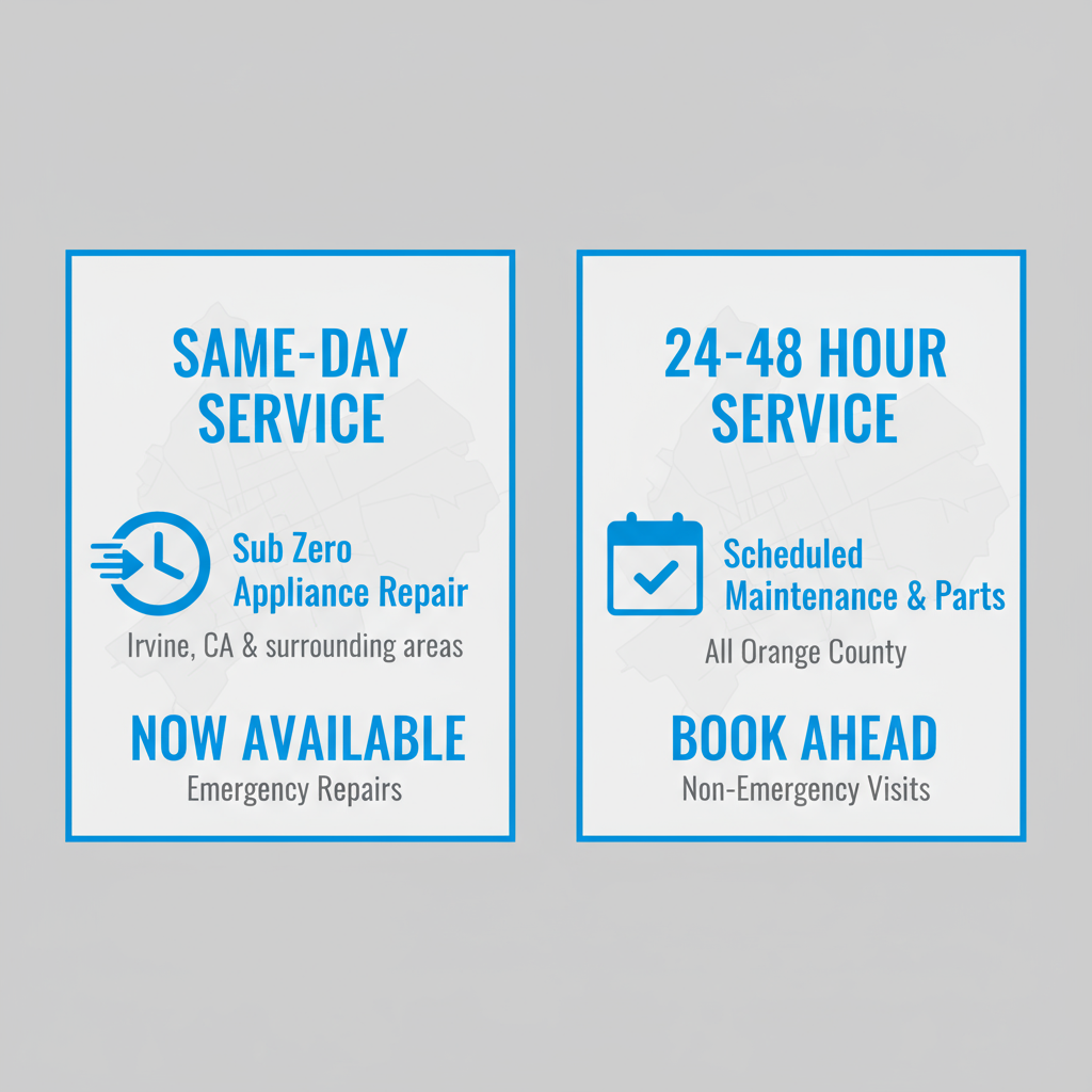 Infographic showing Sub Zero Repair service area coverage and response times in Irvine, CA.