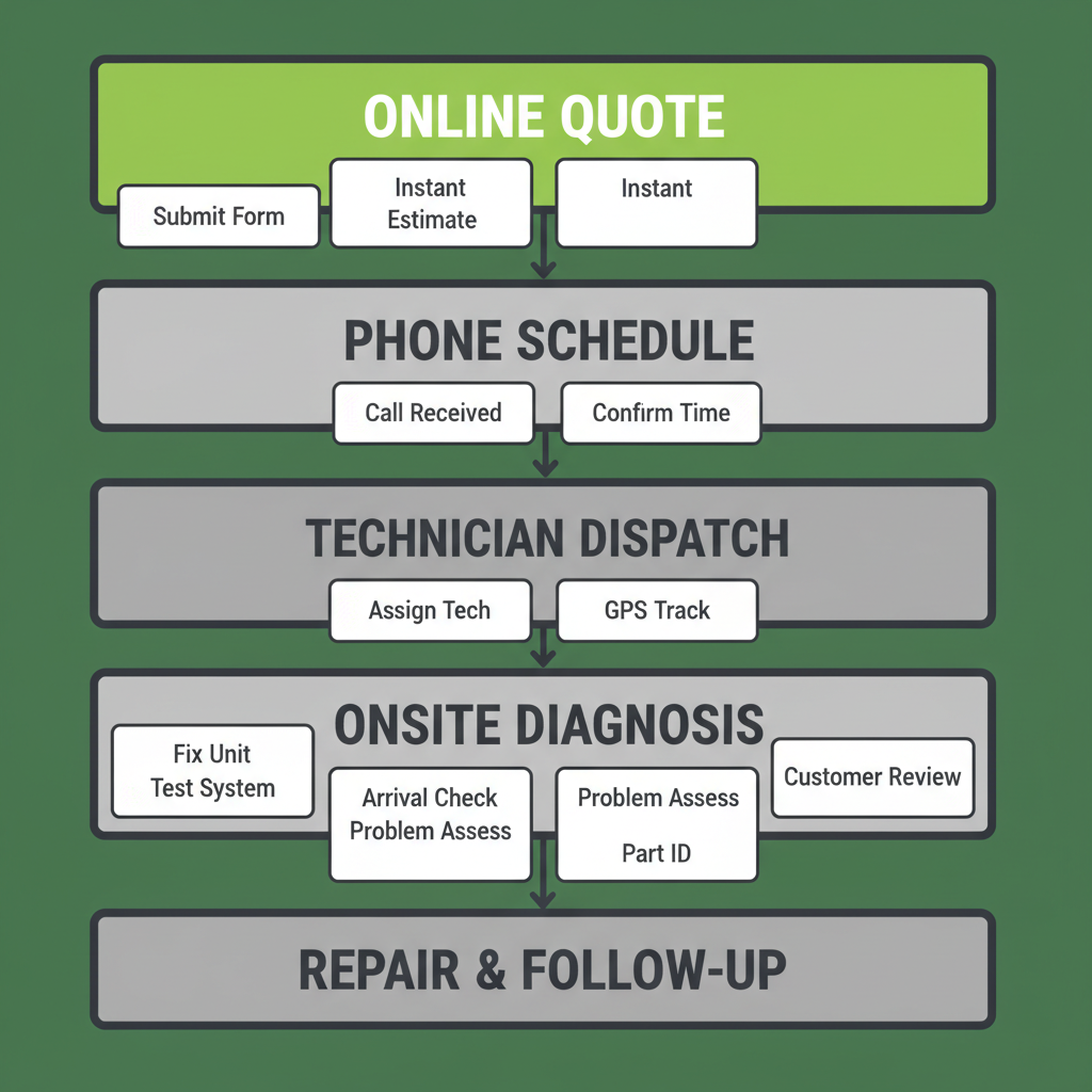 A vertical process flow illustrating the five steps of the Sub Zero appliance repair service: Online Quote, Phone Schedule, Technician Dispatch, Onsite Diagnosis, and Repair & Follow-Up, each with relevant icons.