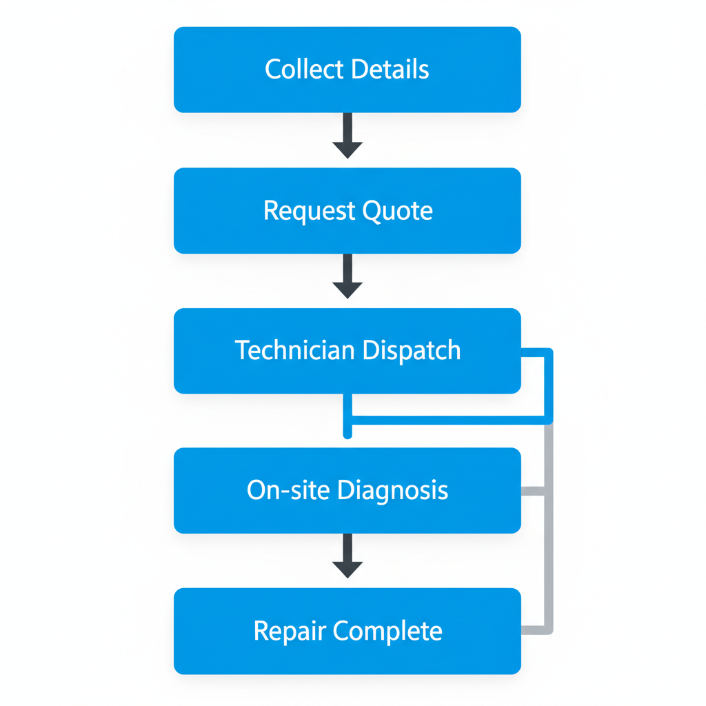 Vertical process flow illustrating the 5 steps to schedule Sub Zero appliance repair service in Pittsburgh.