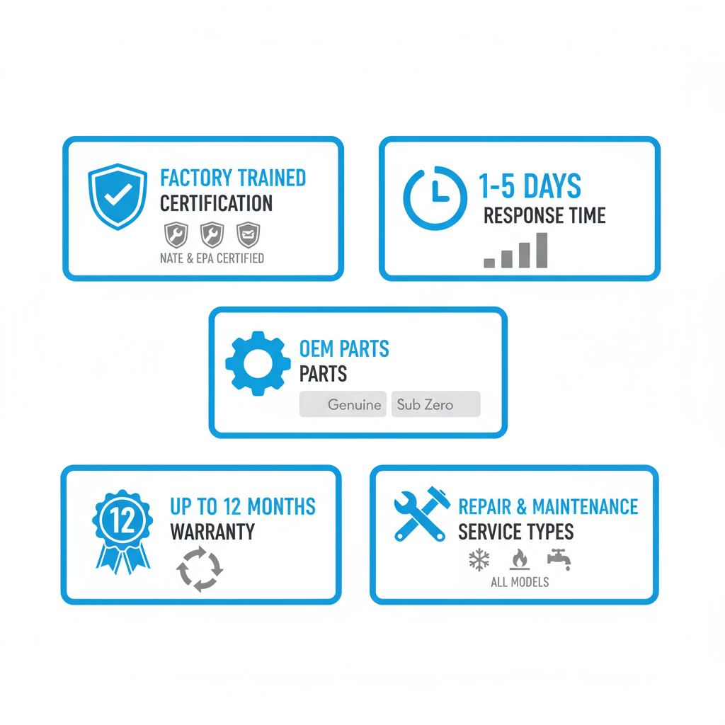 Infographic detailing key factors for Pittsburgh homeowners to consider when choosing a Sub Zero repair technician, including certification, parts, warranty, and response time.