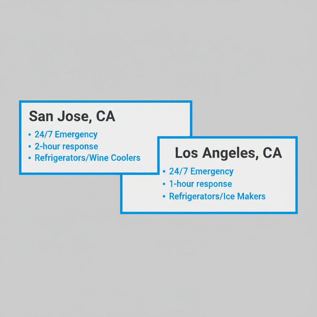 Infographic showing service availability and common repairs for San Jose and Los Angeles service areas.