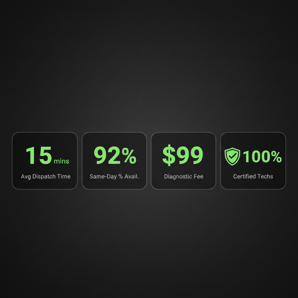 Infographic displaying key service area performance metrics for Sub Zero Repair, including dispatch time and technician availability.
