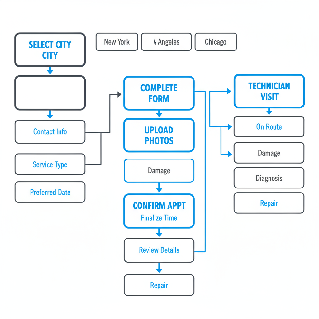 Vertical process flow illustrating the five steps to schedule Sub Zero appliance repair service online or by phone.