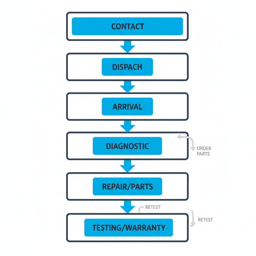 A vertical process flow illustrating the six steps involved in scheduling a Sub Zero appliance repair service, from initial contact to final testing and warranty.