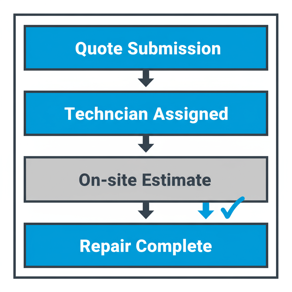 Vertical process flow showing four steps for Sub Zero appliance repair dispatch: quote submission, technician assignment, on-site estimate, and repair completion.