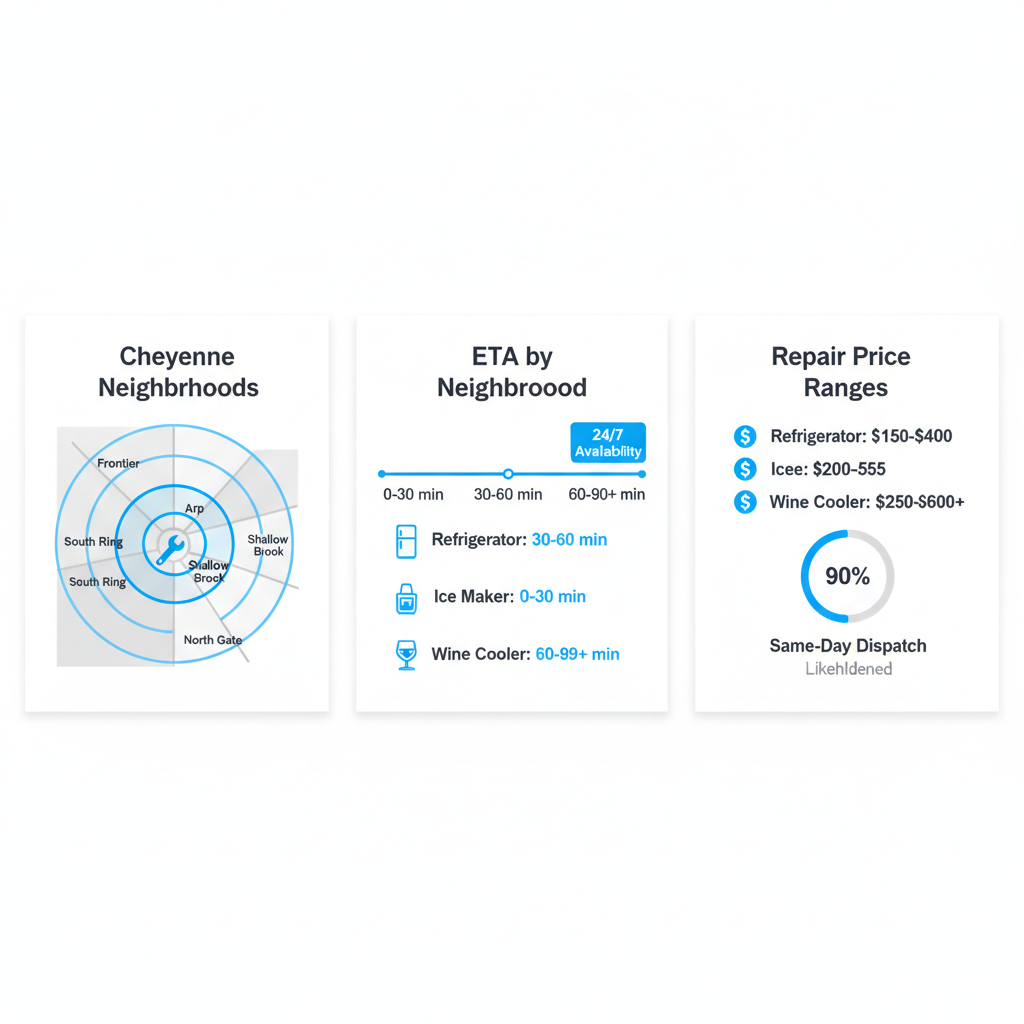 Infographic depicting Sub Zero repair service coverage and response times in Cheyenne, including appliance icons and emergency availability.