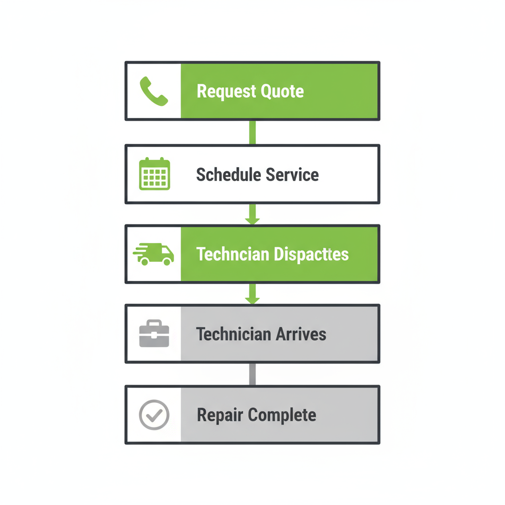 Vertical process flow illustrating the 5 steps of the Sub Zero appliance repair service from quote request to completed repair. Each step is clearly labeled with an icon.