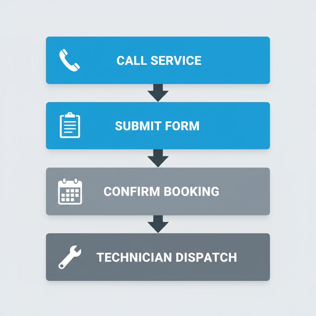 Vertical process flow illustrating the four steps to request appliance repair service from Sub Zero Repair, showing phone call, online form, calendar confirmation, and technician dispatch.