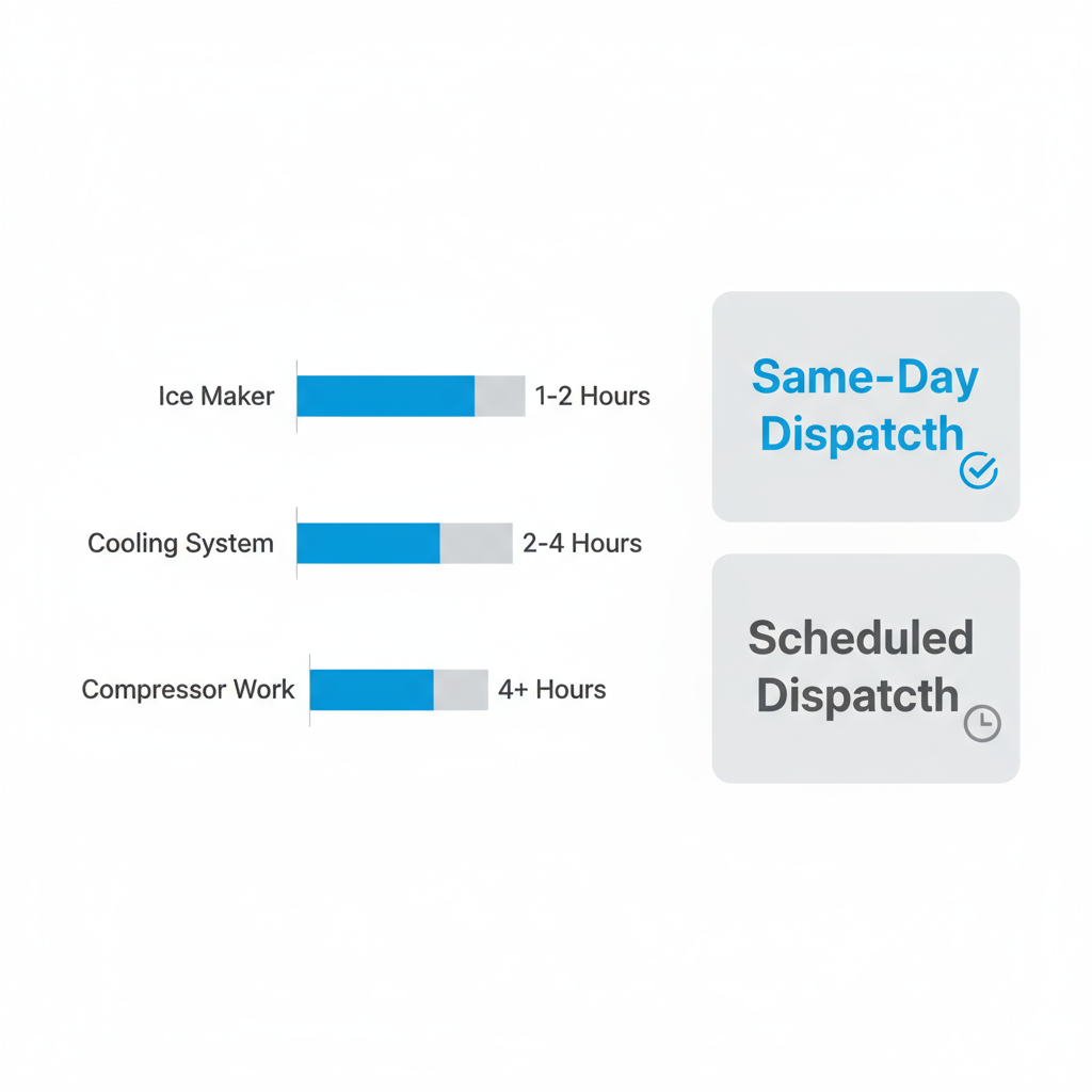 Infographic showing typical diagnostic and repair times for Sub Zero appliances, including ice maker, cooling system, and compressor work, alongside same-day versus scheduled dispatch times.