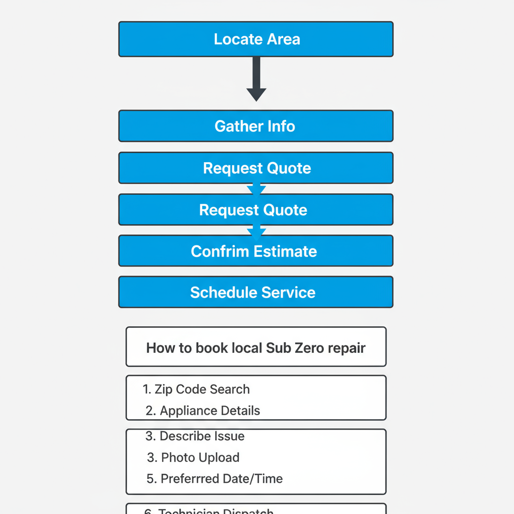 Five-step vertical process flow for booking Sub Zero appliance repair service, showing locate area, gather information, request quote, confirm estimate, and schedule service.
