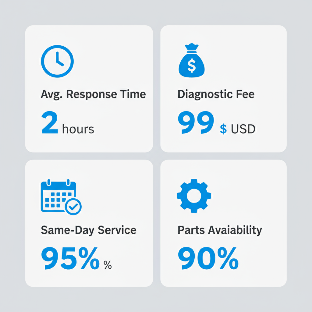 Infographic showing four data cards for local Sub Zero repair metrics: average response time, diagnostic fee range, same-day service percentage, and parts availability.