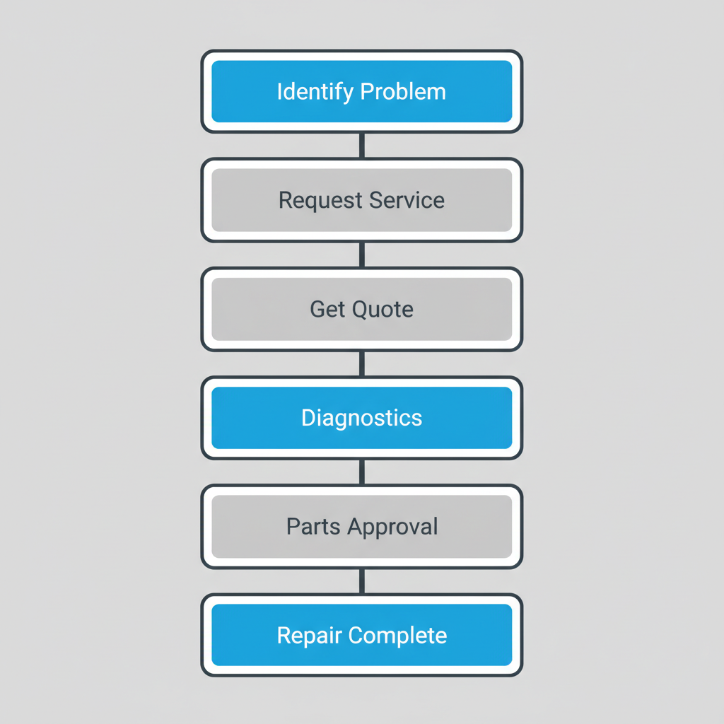 A vertical process flow illustrating the six steps of the Sub Zero repair service from problem identification to repair completion.