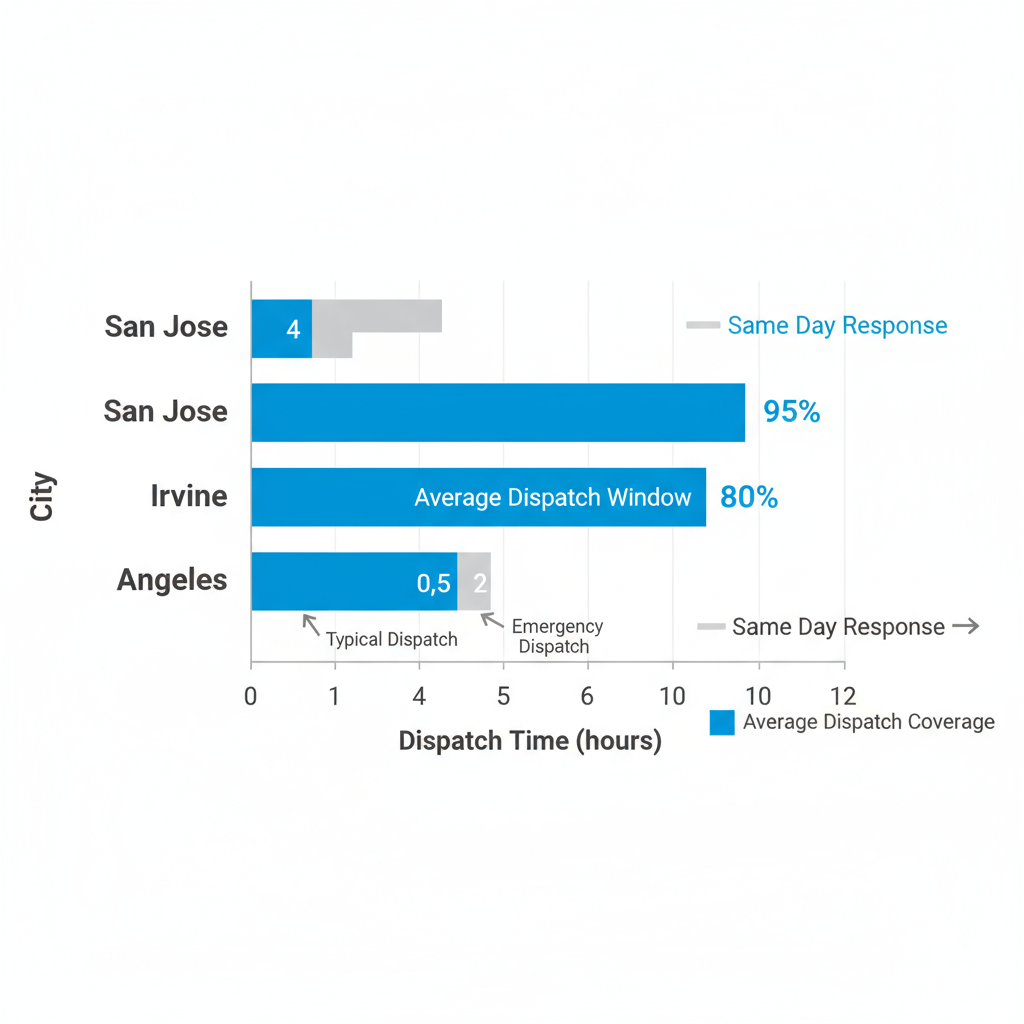 Landscape bar chart comparing Sub Zero appliance repair dispatch times and emergency service availability across San Jose, Irvine, and Los Angeles.