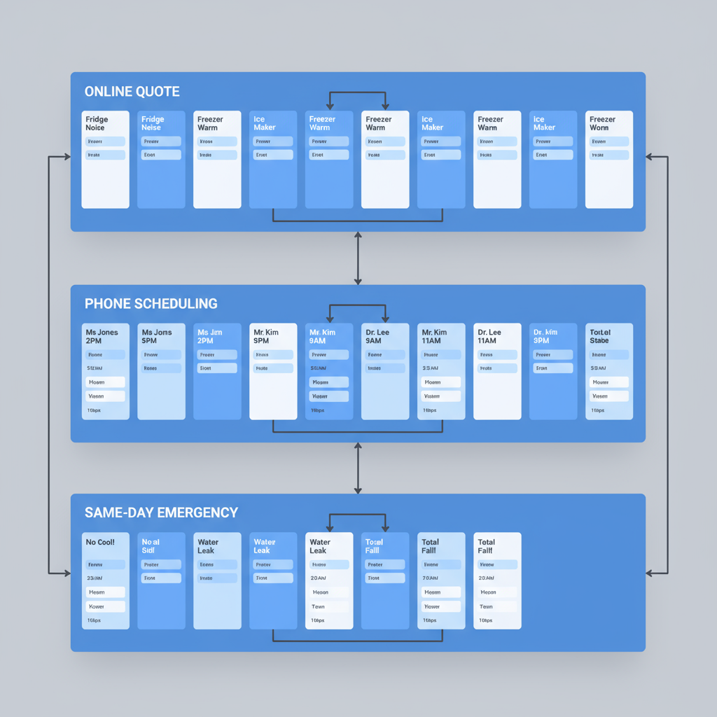 Vertical process flow illustrating Sub Zero appliance repair booking methods and dispatch routing
