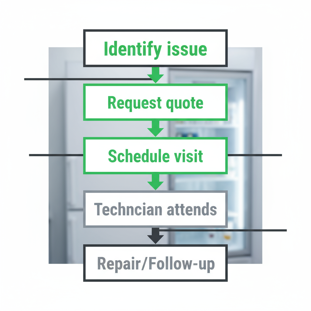 Vertical process flow illustrating the 5 steps to book a Sub Zero appliance repair service, from identifying the issue to final repair.