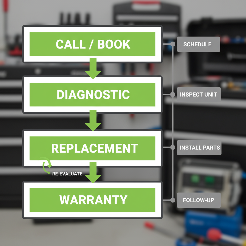 Vertical process flow depicting Sub Zero appliance repair service steps: booking, diagnosis, parts replacement, and warranty.
