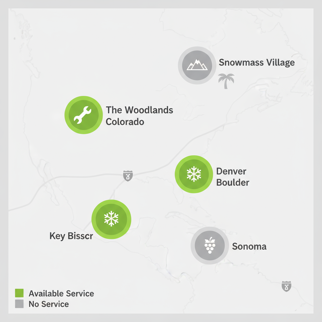 Map-style visualization showing Sub Zero Repair service density across various US cities like The Woodlands, Denver, Boulder, Snowmass Village, Key Biscayne, and Sonoma.
