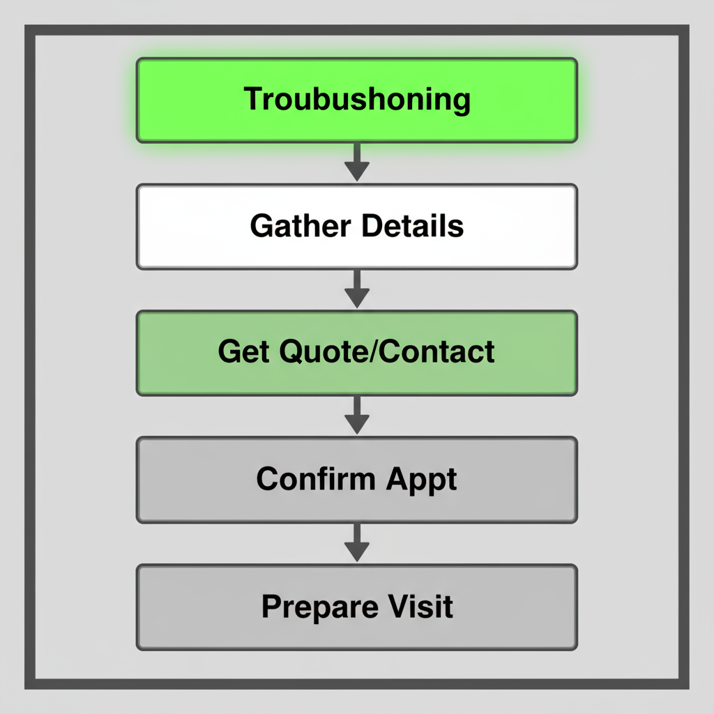 Vertical process flow illustrating the 5 steps to schedule a Sub Zero appliance repair, with a focus on ease of use and clear stages.