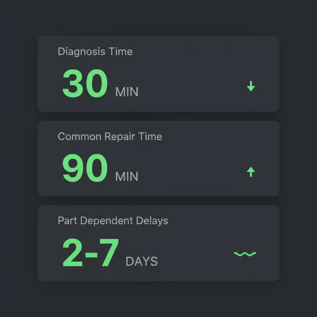 Infographic displaying average repair timelines for Sub Zero appliances, including diagnostic, common repair, and part-dependent delay durations.