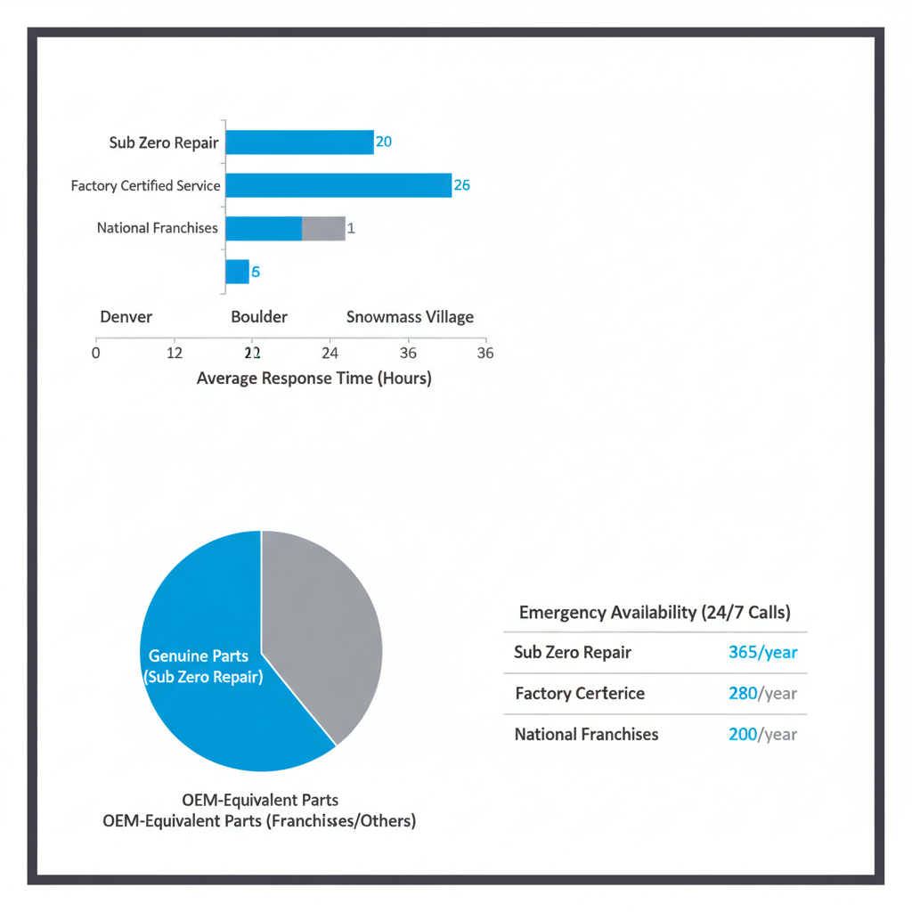 Data visualization comparing Sub Zero Repair's coverage, response times, and parts authenticity with competitors.