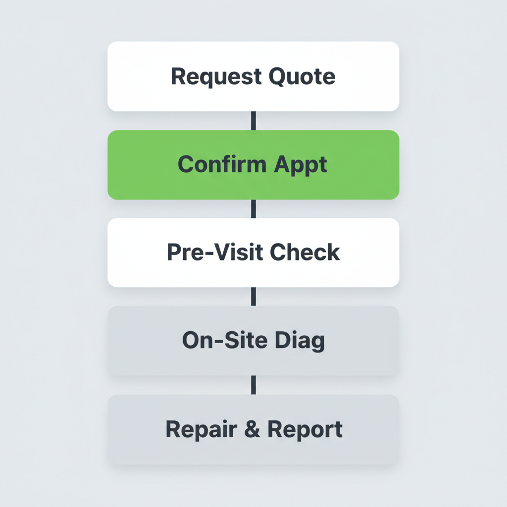 Vertical process flow illustrating the Sub Zero appliance repair scheduling journey, from initial quote request to final repair and report.