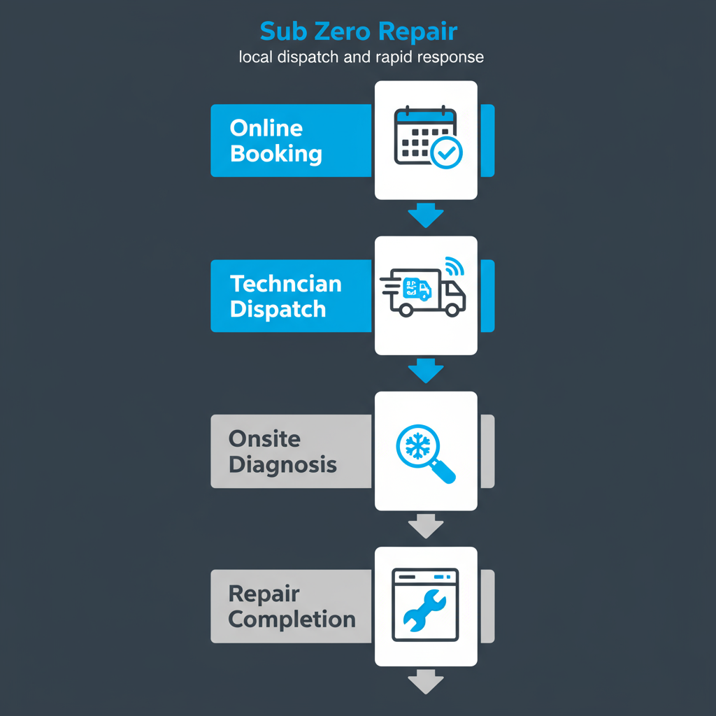 Vertical process flow illustrating the four steps of requesting a Sub Zero repair service: online booking, technician dispatch, onsite diagnosis, and repair completion.