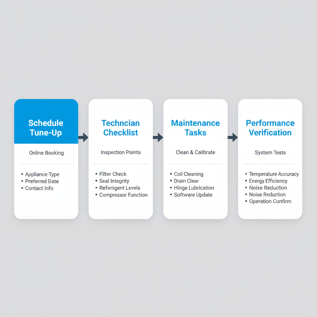 Horizontal process flow depicting Sub Zero maintenance steps: Schedule Tune-Up, Technician Checklist, Maintenance Tasks, Performance Verification.